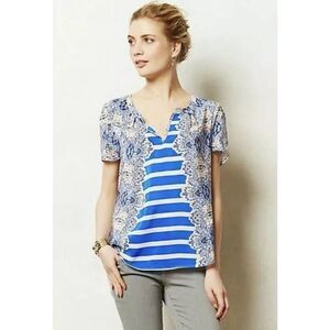 Maeve Blue Striped Paisley Short-Sleeve Blouse